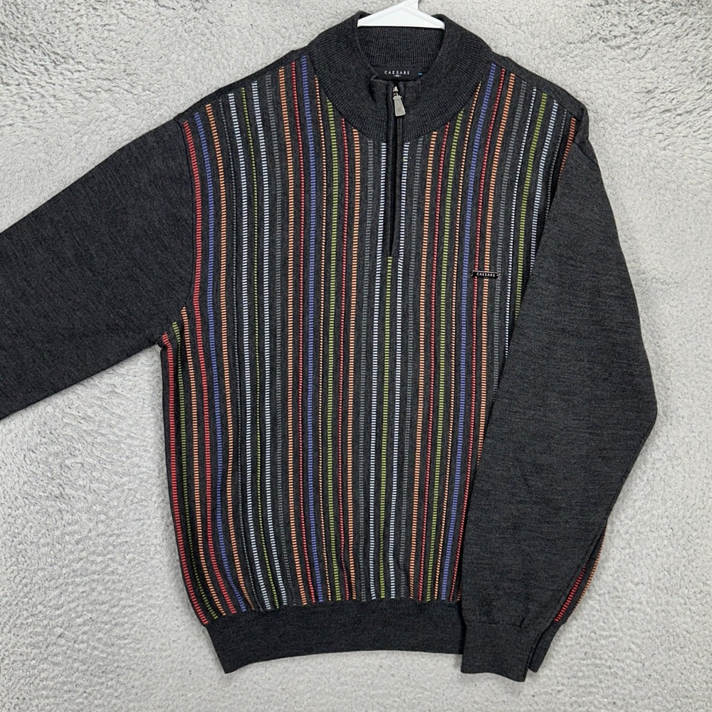 Caesars Mens Quarter Zip Sweater Medium Dark Gray‎ Multi Stripe Pullover Comfort